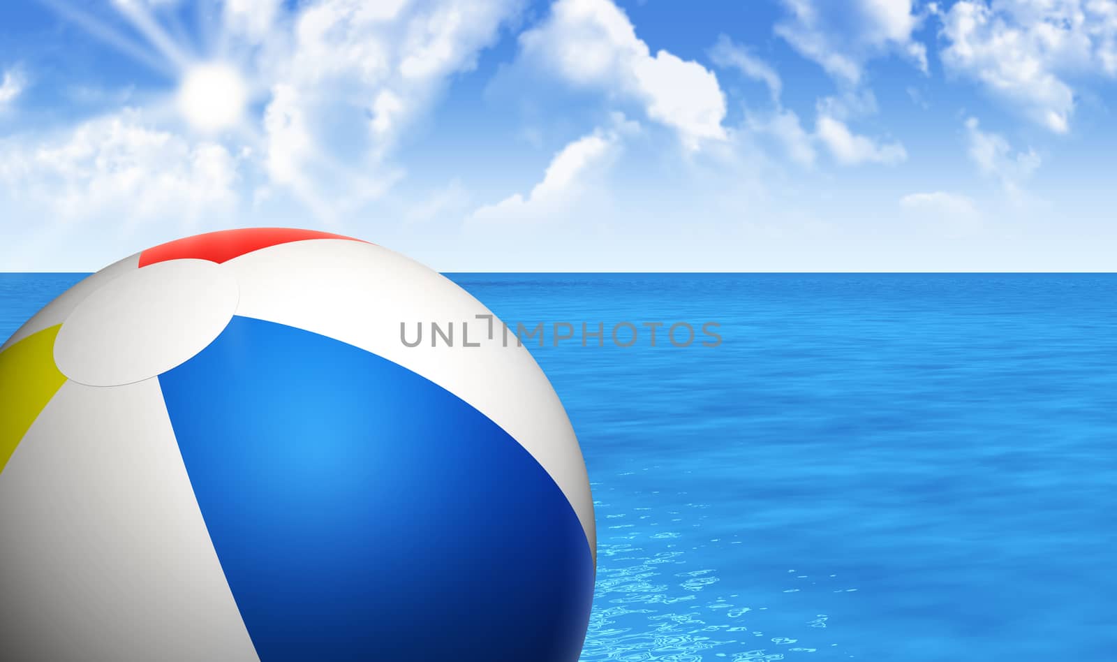 Summer vacation and holidays concept with a colorful beach ball and a background with blue sky, clouds and sea on a sunny day 3d rendering.