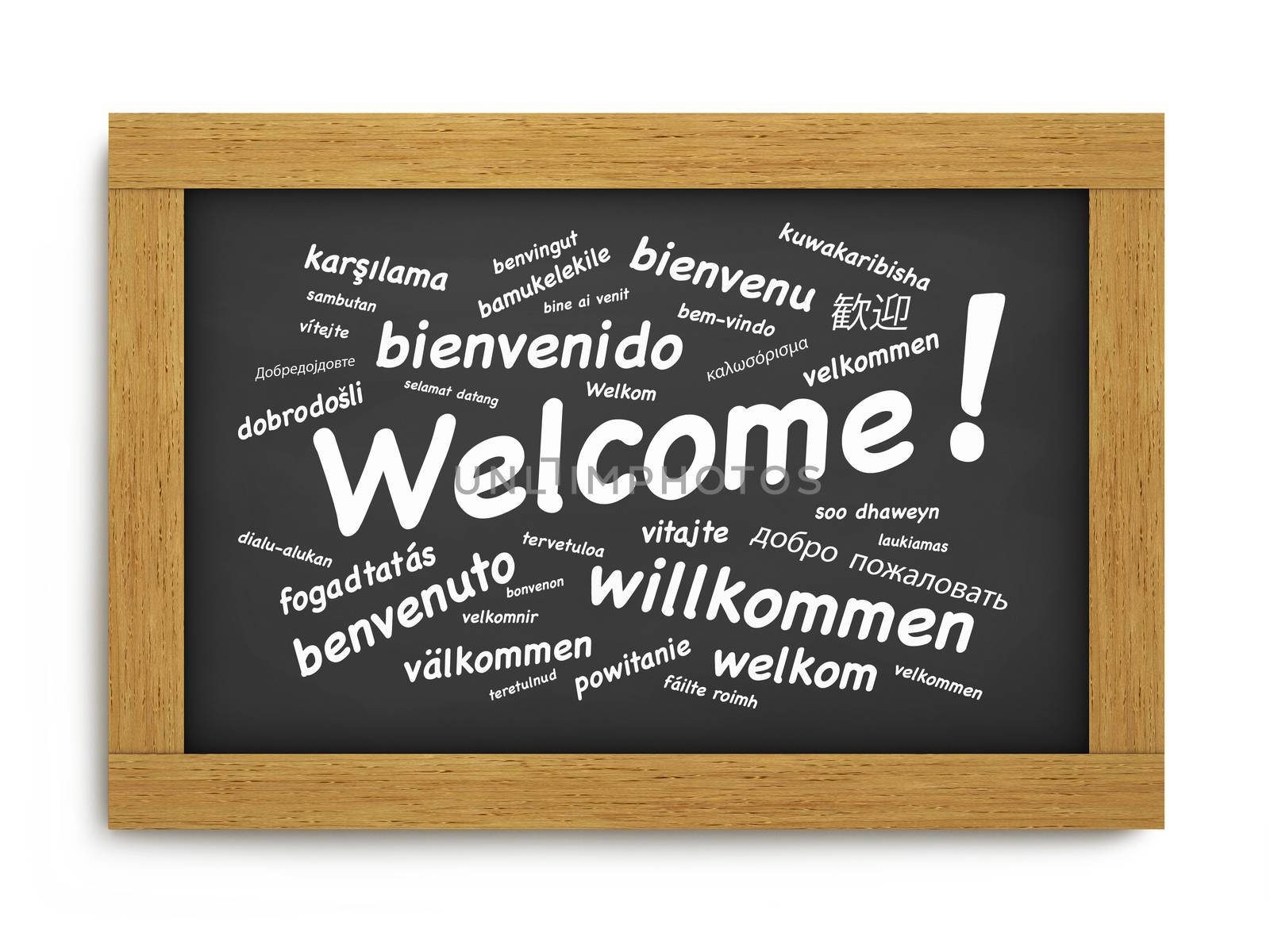 International welcome text greeting concept in different languages on a wooden blackboard or chalkboard on white background.