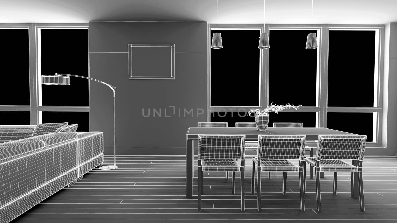 Interior render of a dining room without materials