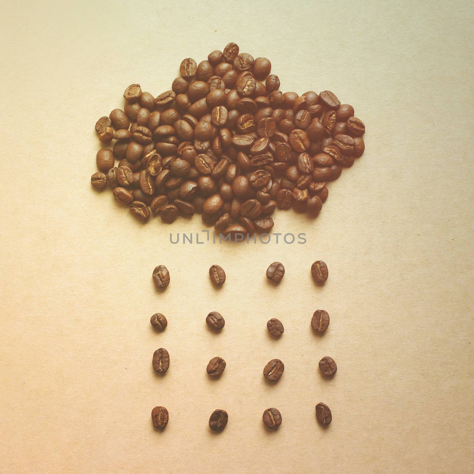 Cloud and rain from coffee beans with retro filter effect