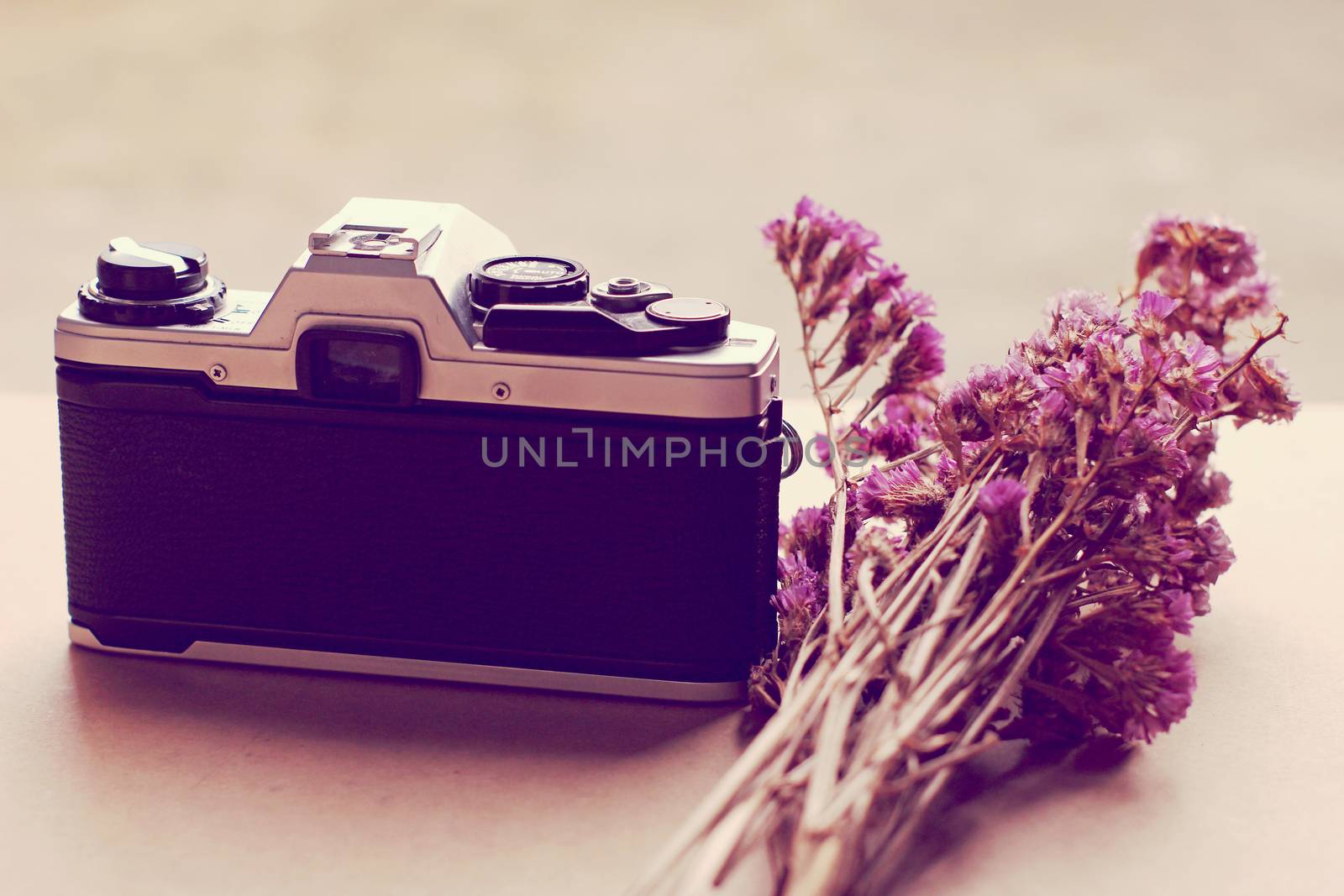 Old camera and bunch of flowers with retro filter effect 