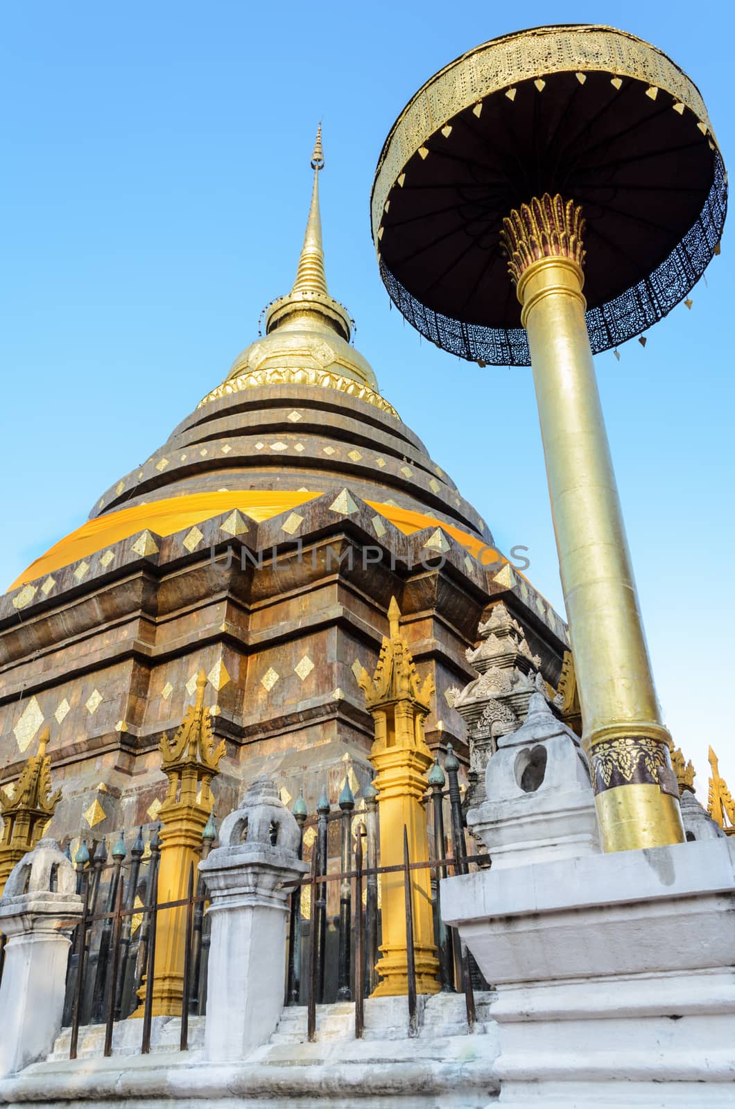 Ancient pagodas at Wat Phra That Lampang Luang temple at Lampang Province in northern Thailand