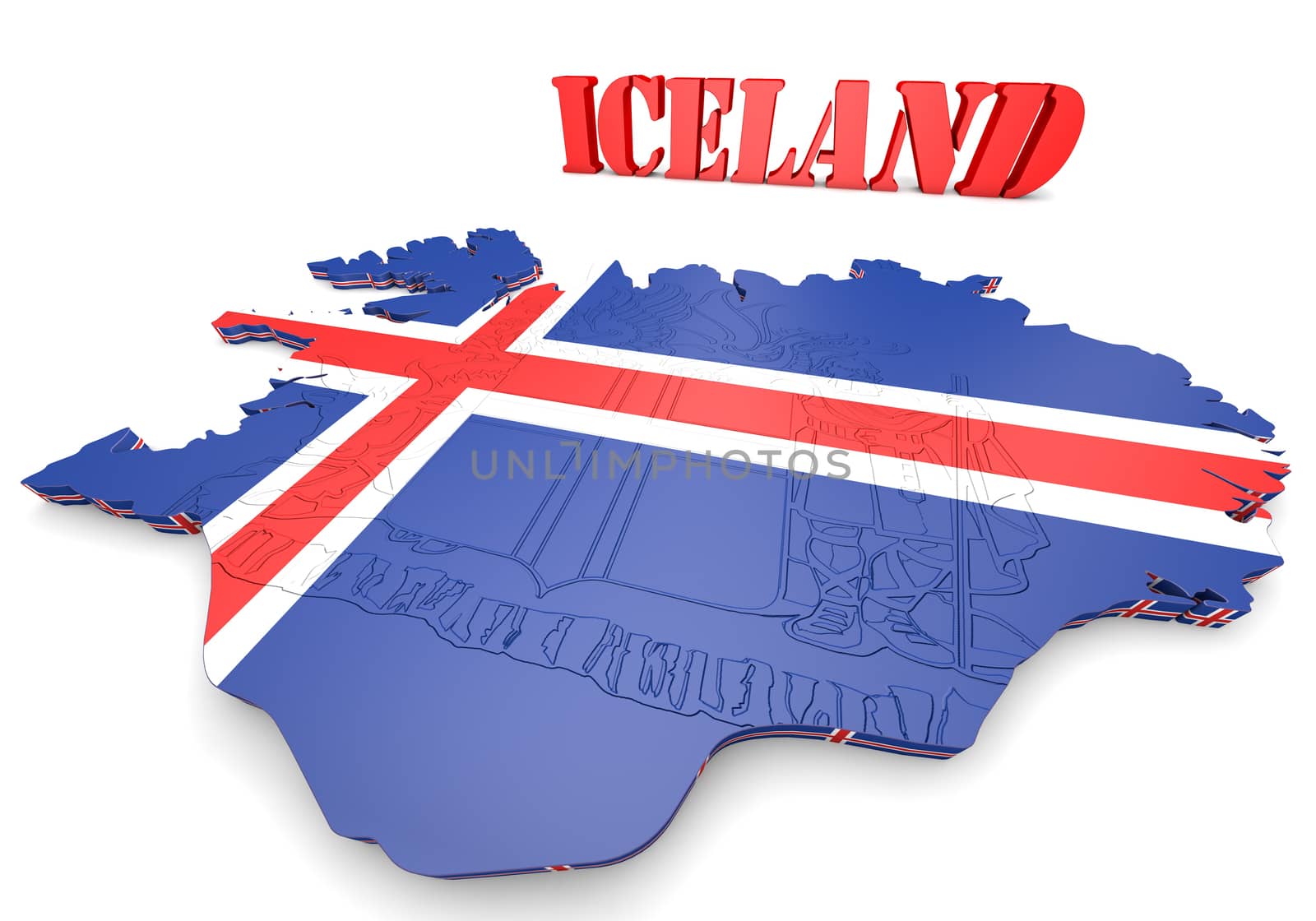 3D map illustration of Iceland with flag and coat of arms