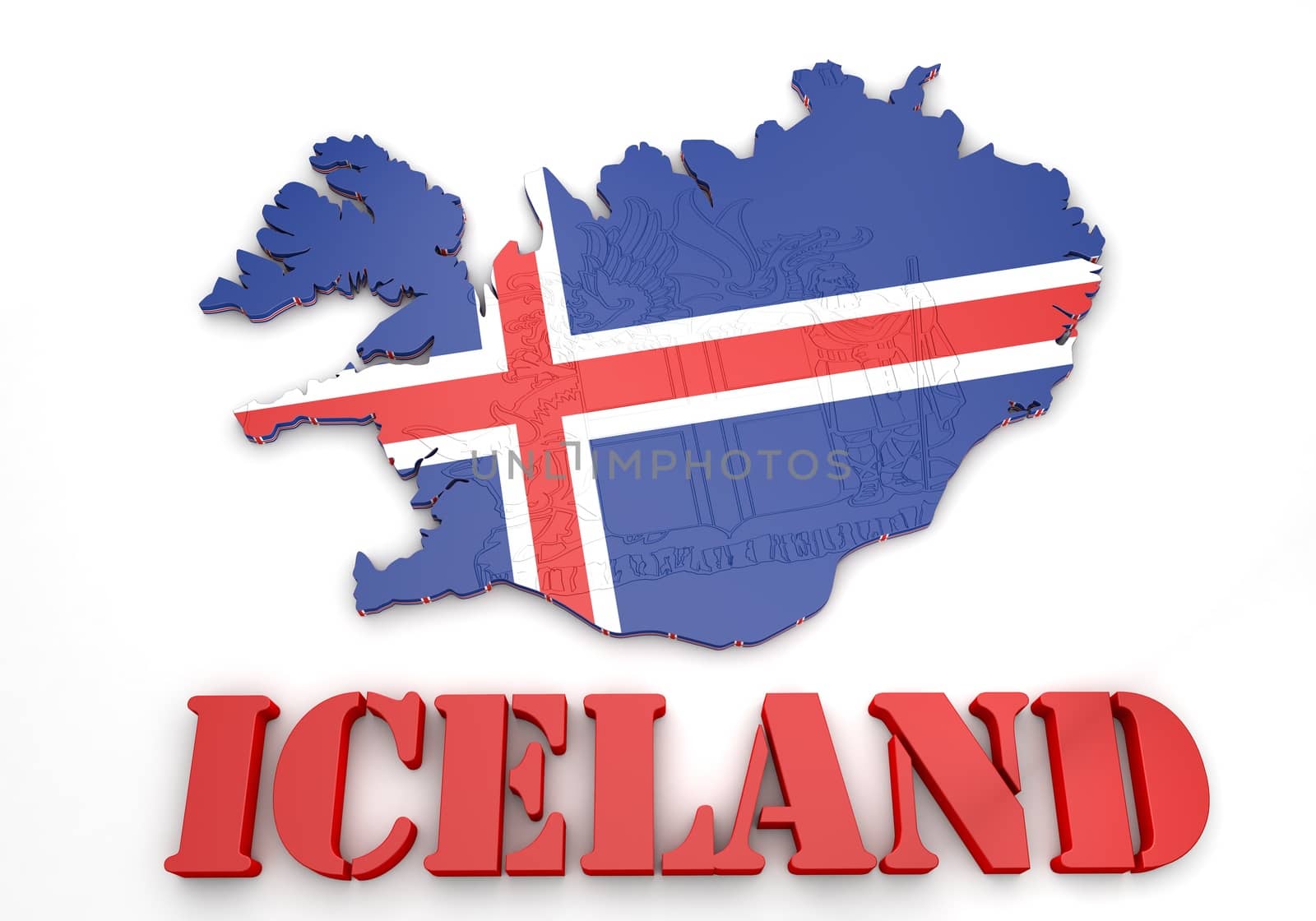 3D map illustration of Iceland with flag and coat of arms