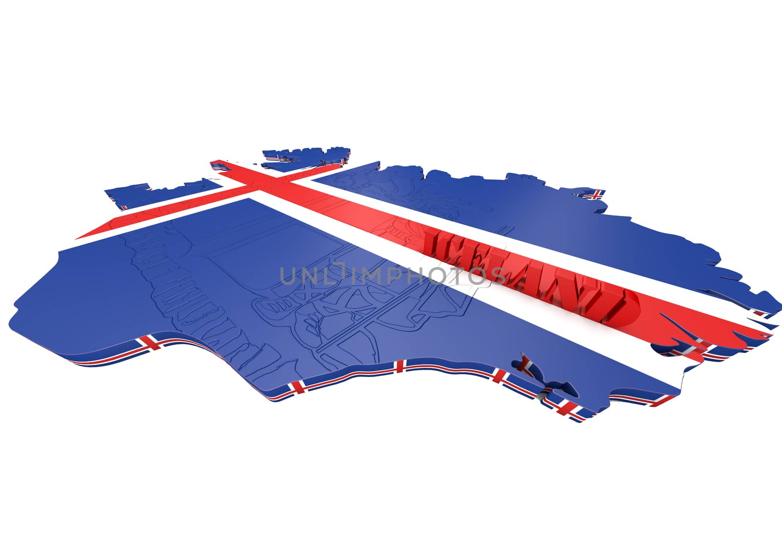 3D map illustration of Iceland with flag and coat of arms