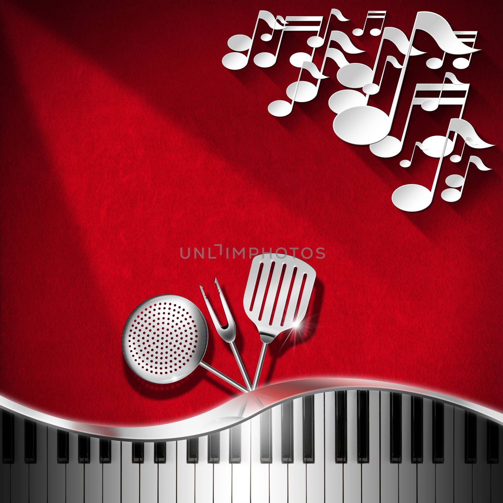 Red velvet background with kitchen utensils, white musical notes and piano keyboard. Template for food menu and a musical event