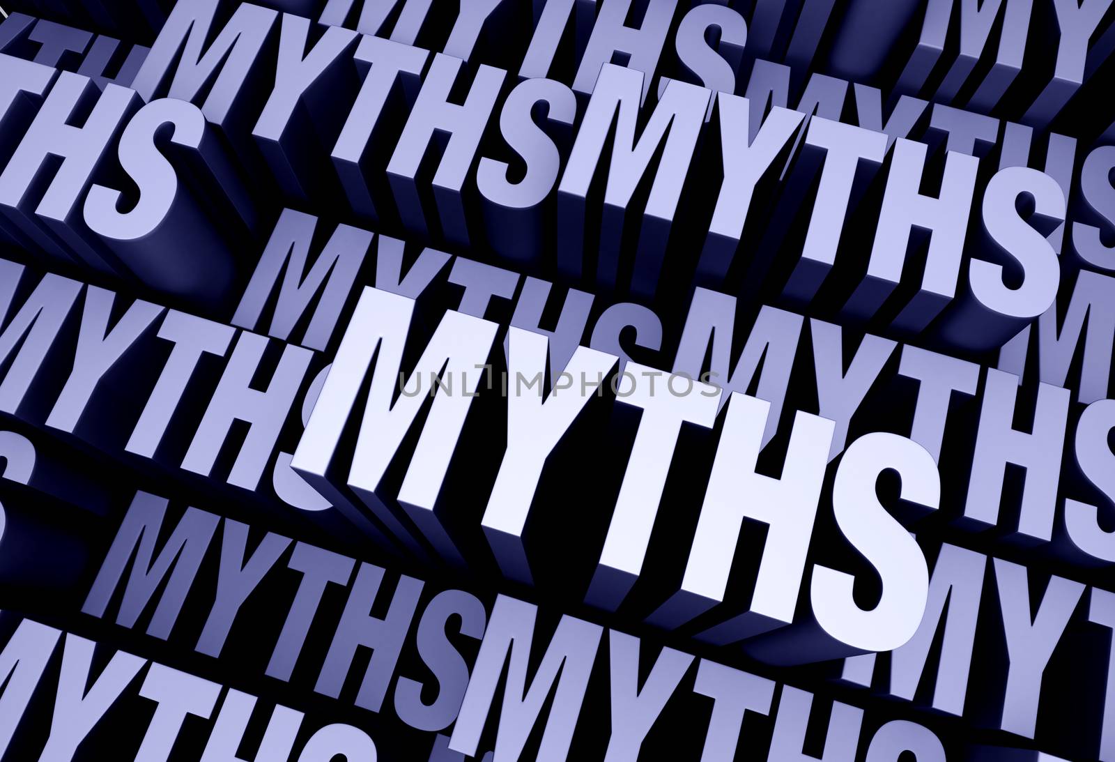 A 3D blue gray background filled with the word "MYTHS" repeated many times a different depths.