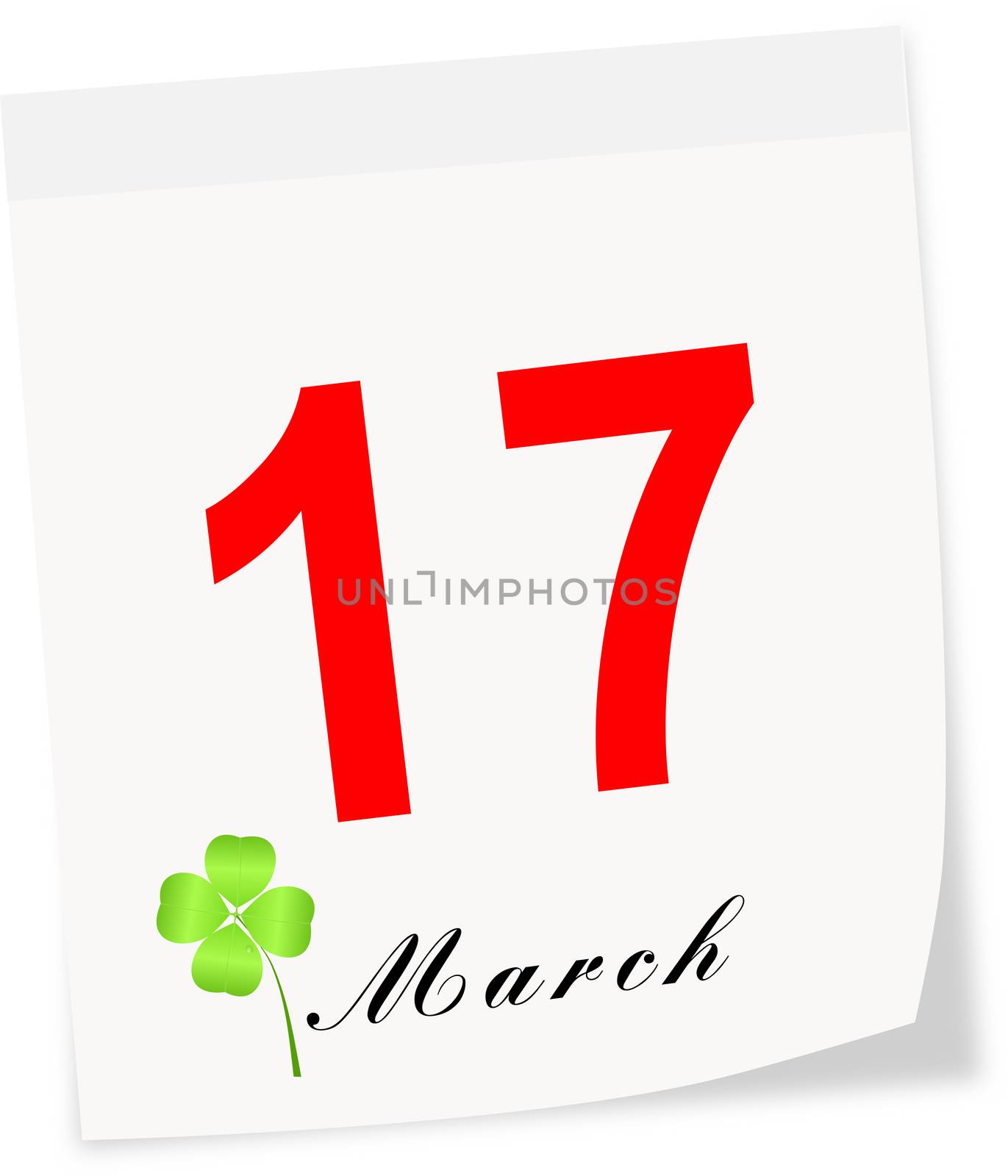 St.Patrick's Day on March 17 th. Calendar page isolated on a white background