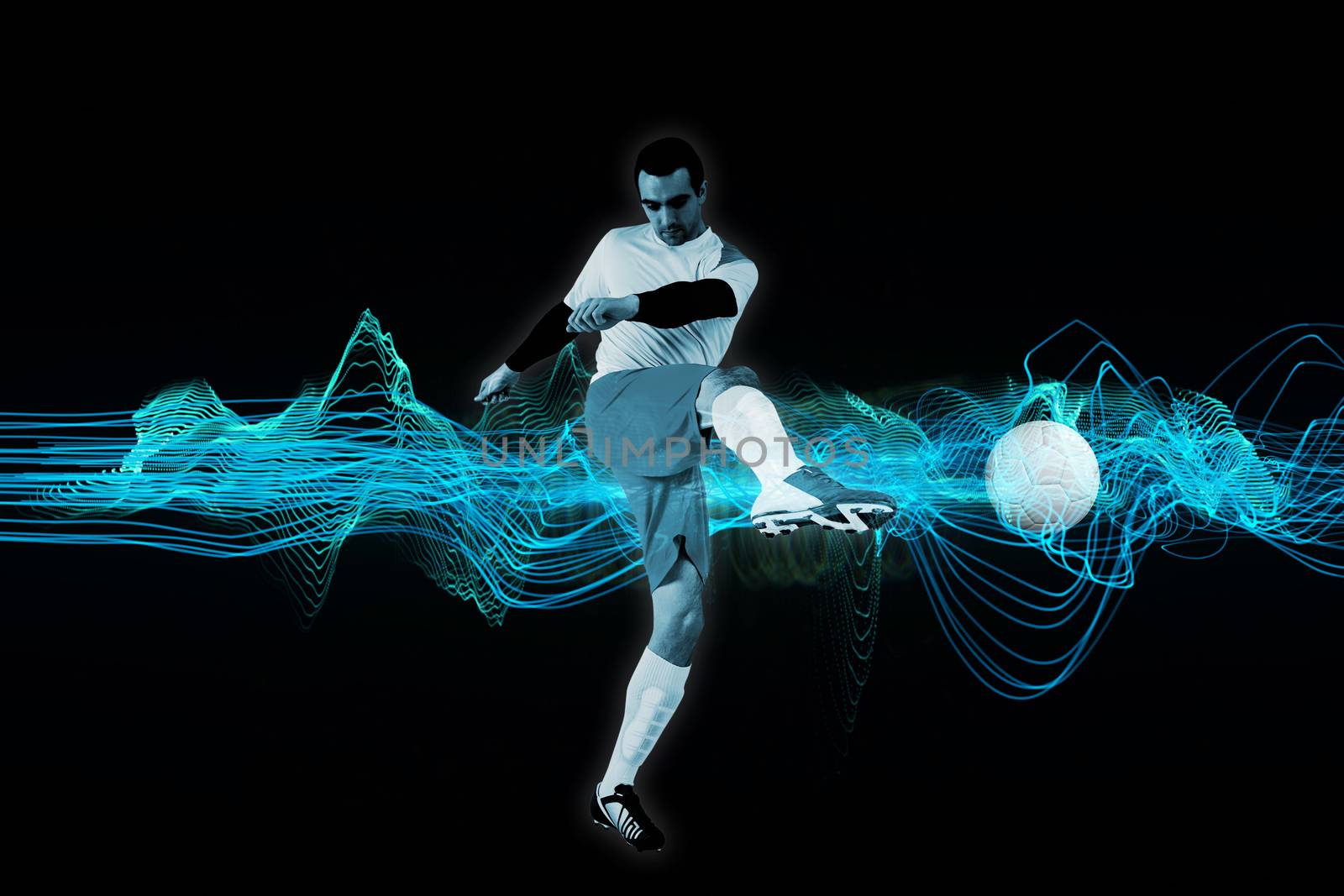 Football player in white kicking against abstract blue glowing black background