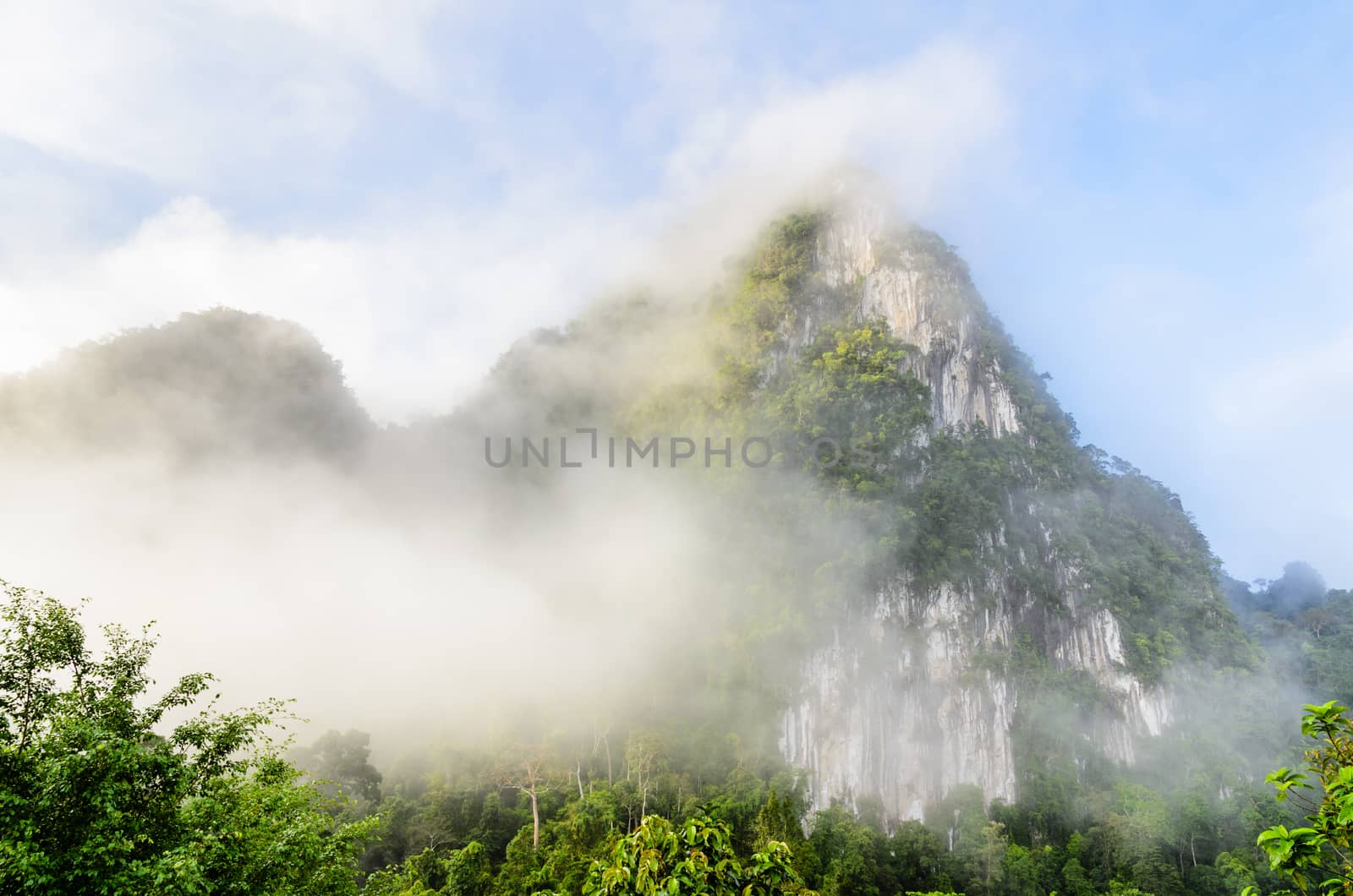 Lush high limestone mountain covered by mist surrounded by tropical forests of Thailand.