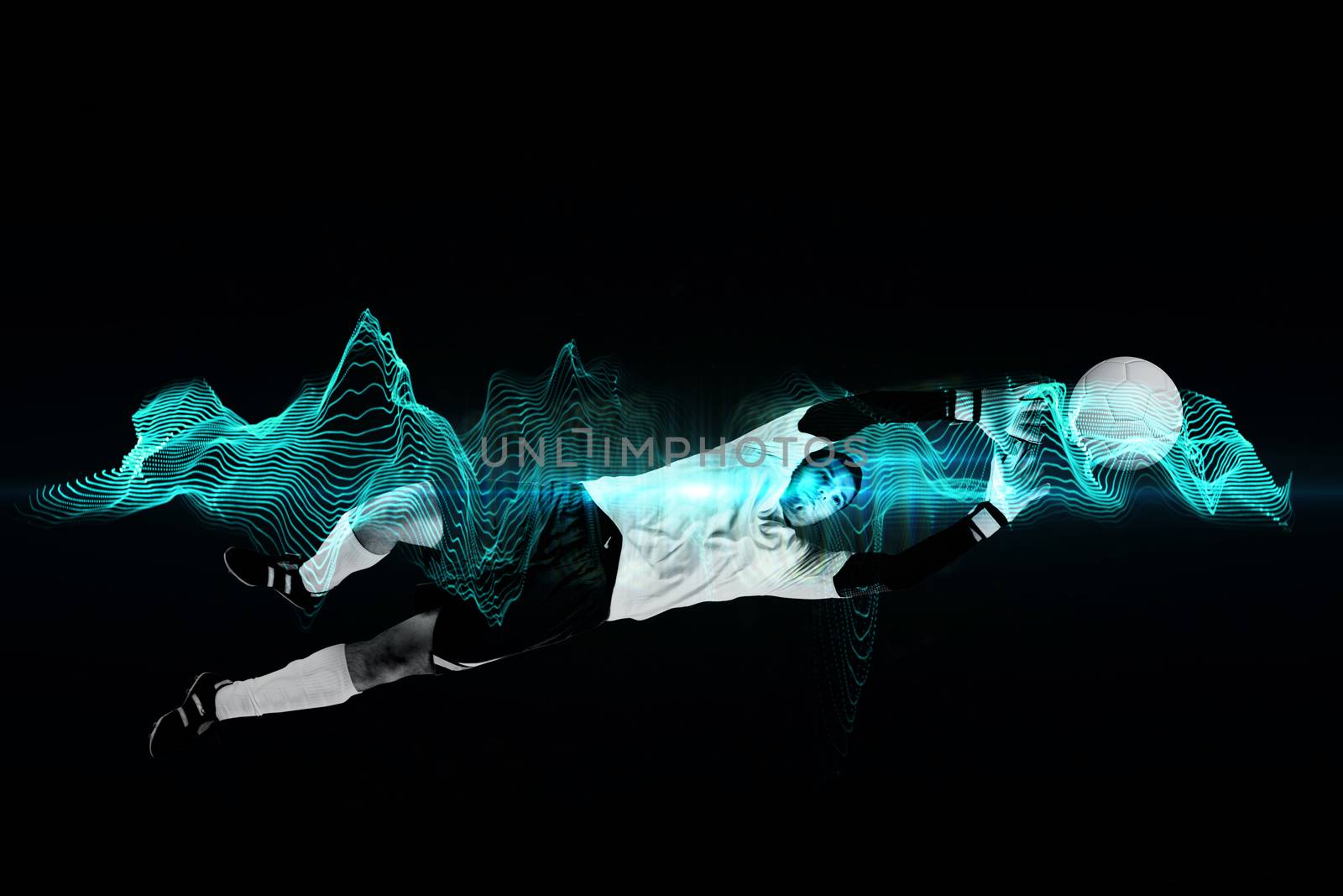 Composite image of goalkeeper in white jumping up by Wavebreakmedia