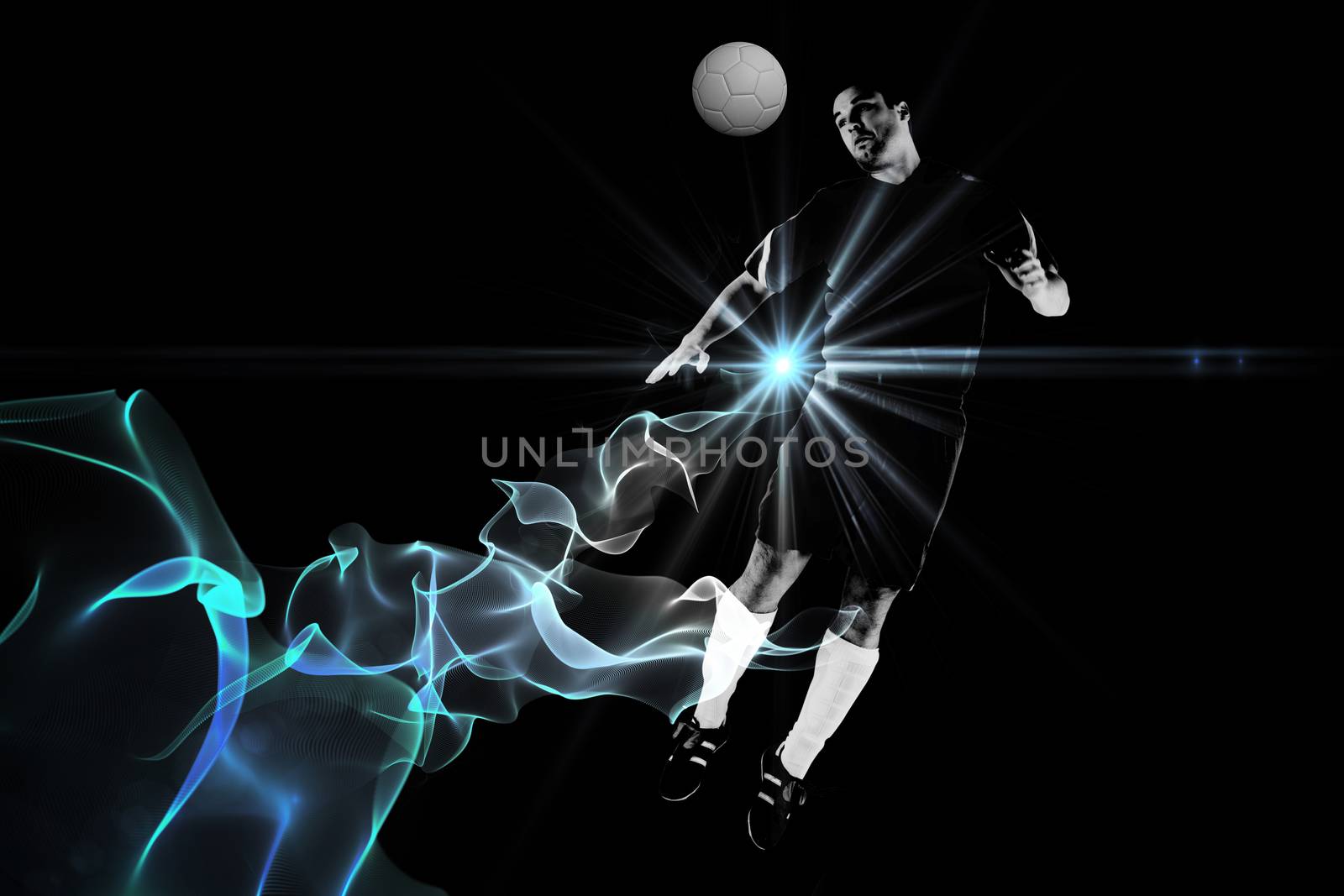 Football player in red jumping against abstract glowing black background