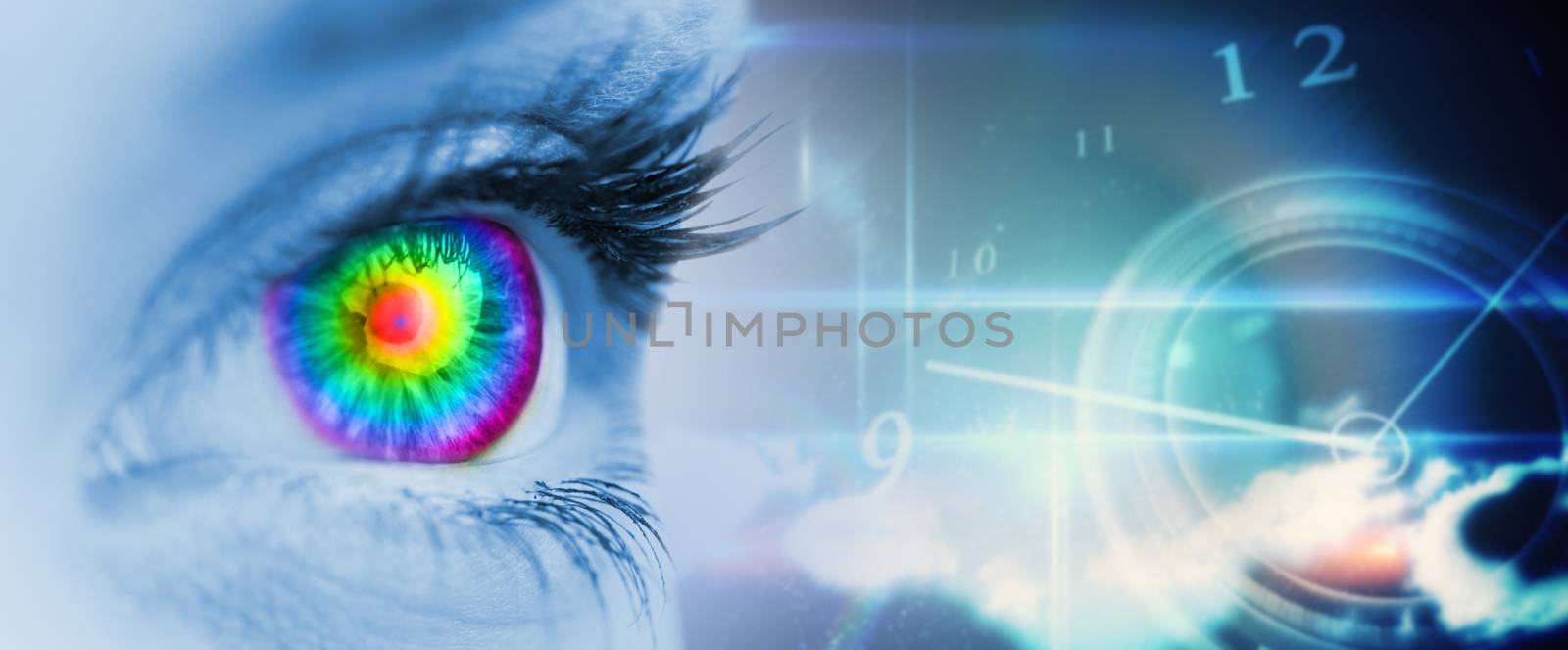 Pyschedelic eye on blue face against blue glowing technology design with clock