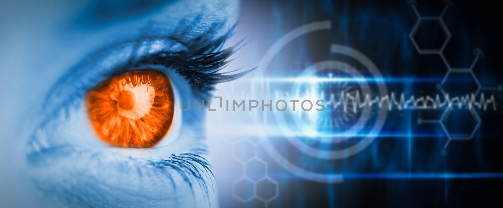 Orange eye on blue face against blue technology design with circle