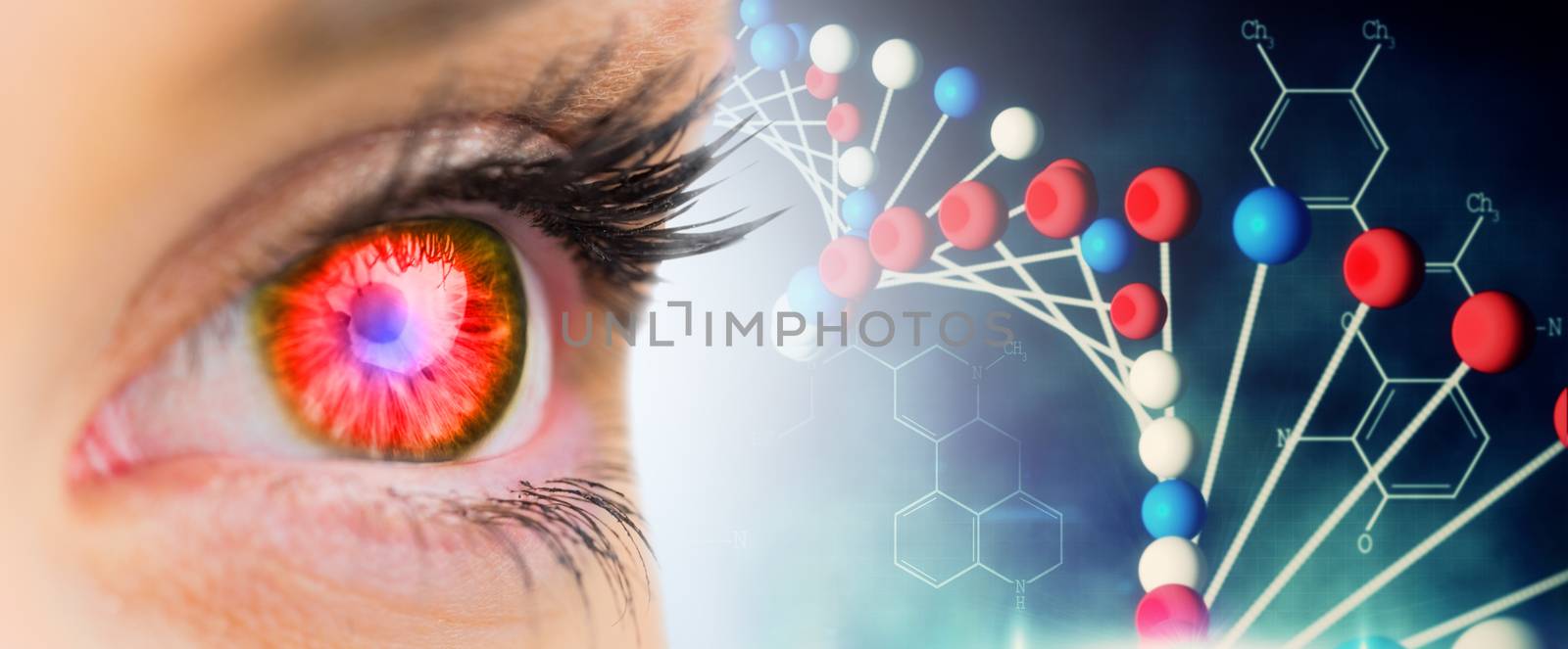 Red glowing eye looking ahead against blue dna strand with chemical structures