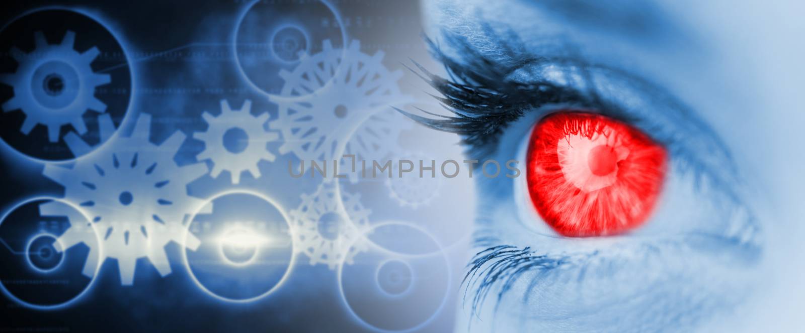 Red eye on blue face against blue and black cogs and wheels