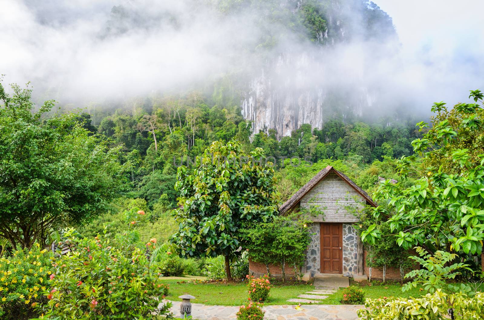 Front home in the morning surrounded by forests and mountains