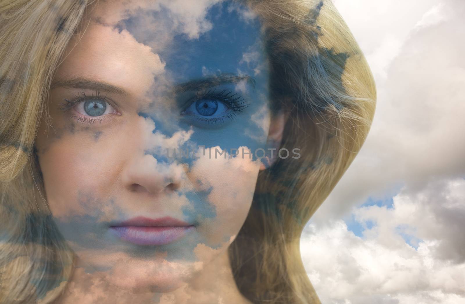Serious blonde natural beauty against blue sky with white clouds