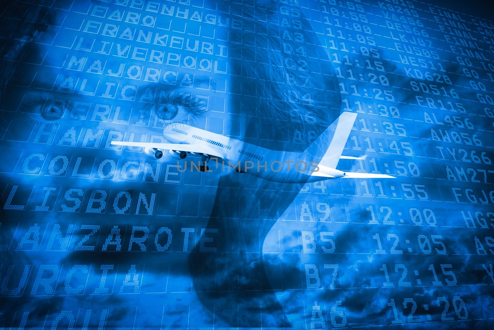 Travel and tourism collage with airplane with face against blue sky with white clouds