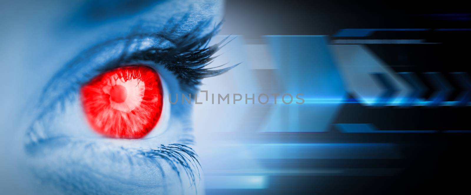 Red eye on blue face against arrows on technical background