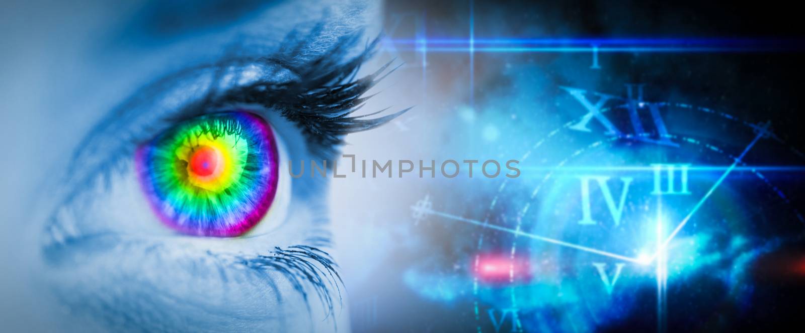 Composite image of pyschedelic eye on blue face by Wavebreakmedia