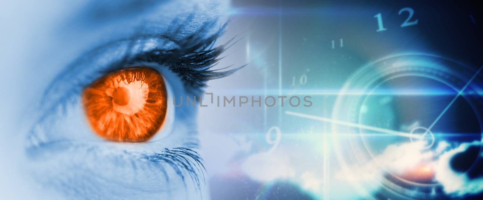 Orange eye on blue face against blue glowing technology design with clock