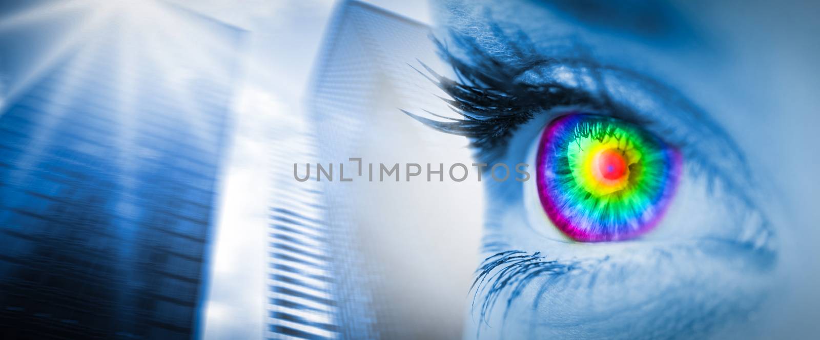 Composite image of pyschedelic eye on blue face by Wavebreakmedia