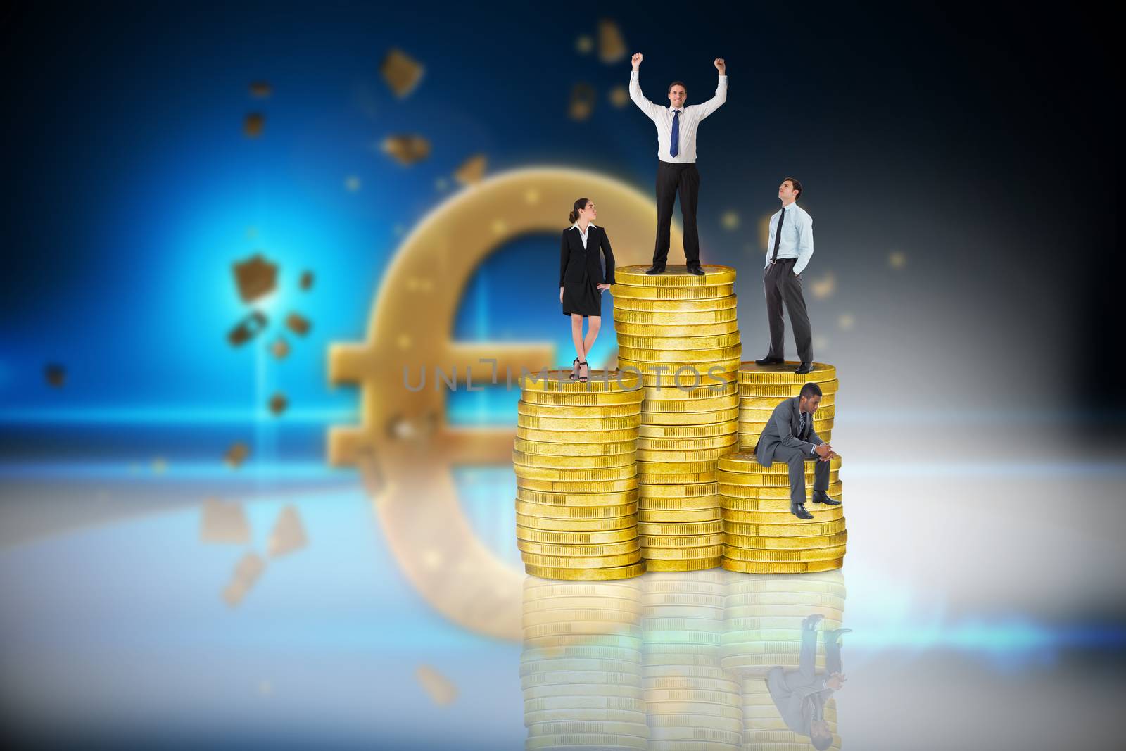 Composite image of business people on pile of coins against golden euro sign