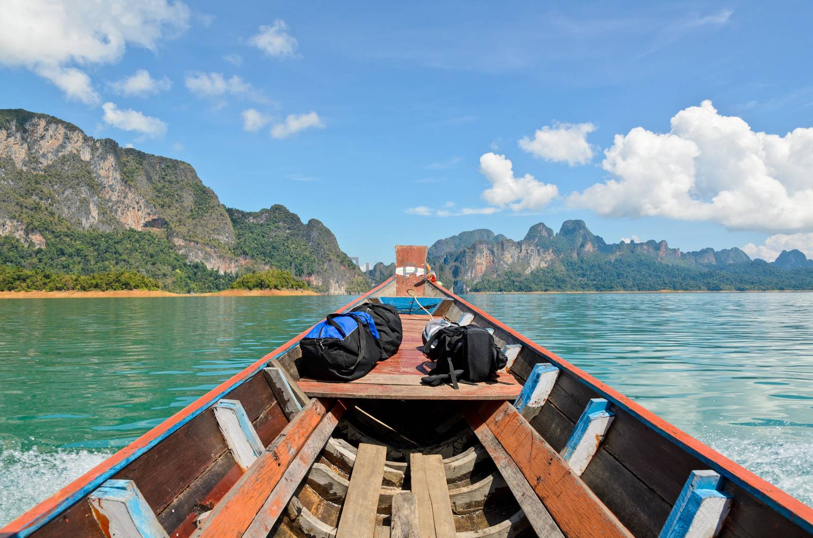 Travel by small boats at Ratchapapha dam in Khao Sok National Park Surat Thani province, Guilin of Thailand.