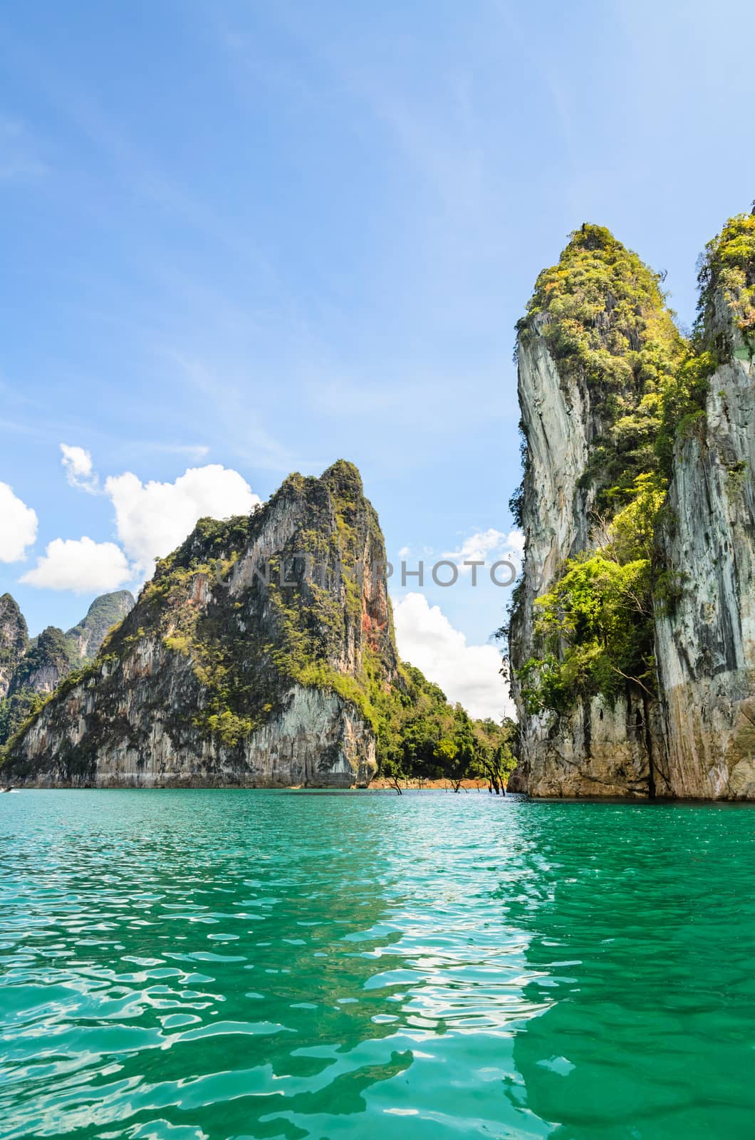 Beautiful island surrounded by water, Natural attractions at Ratchapapha dam in Khao Sok National Park, Surat Thani province, Guilin of Thailand.