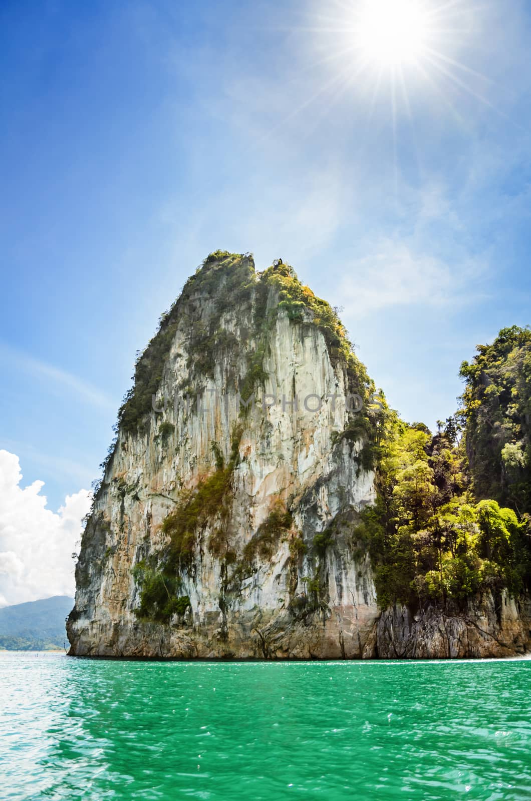 Beautiful island under the sun in summer at Ratchapapha dam, Khao Sok National Park, Surat Thani province, Guilin of Thailand