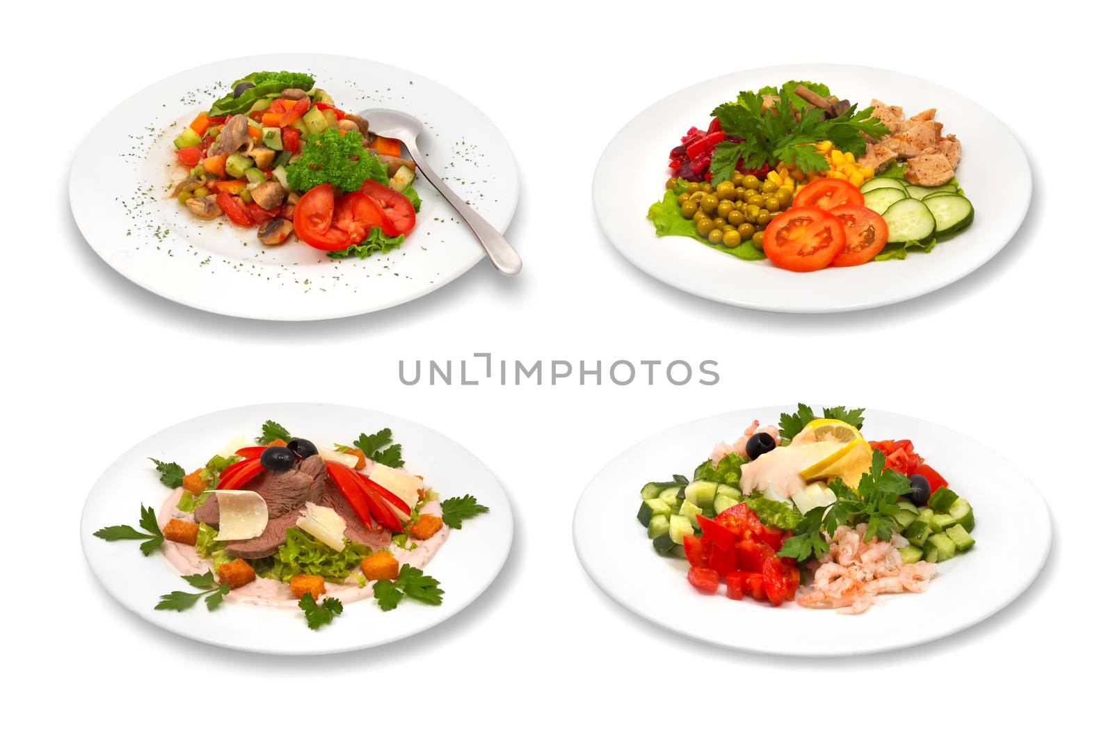 healthy food, set of different salads on plates, isolated on white