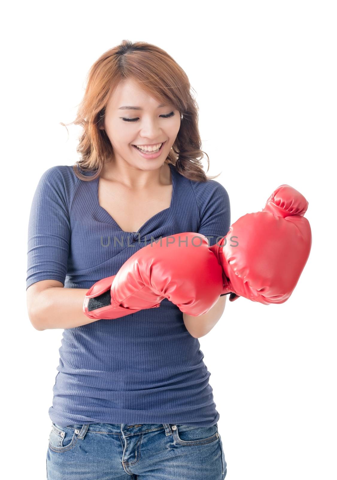 Fighting girl concept, closeup portrait of Asian isolated on white.