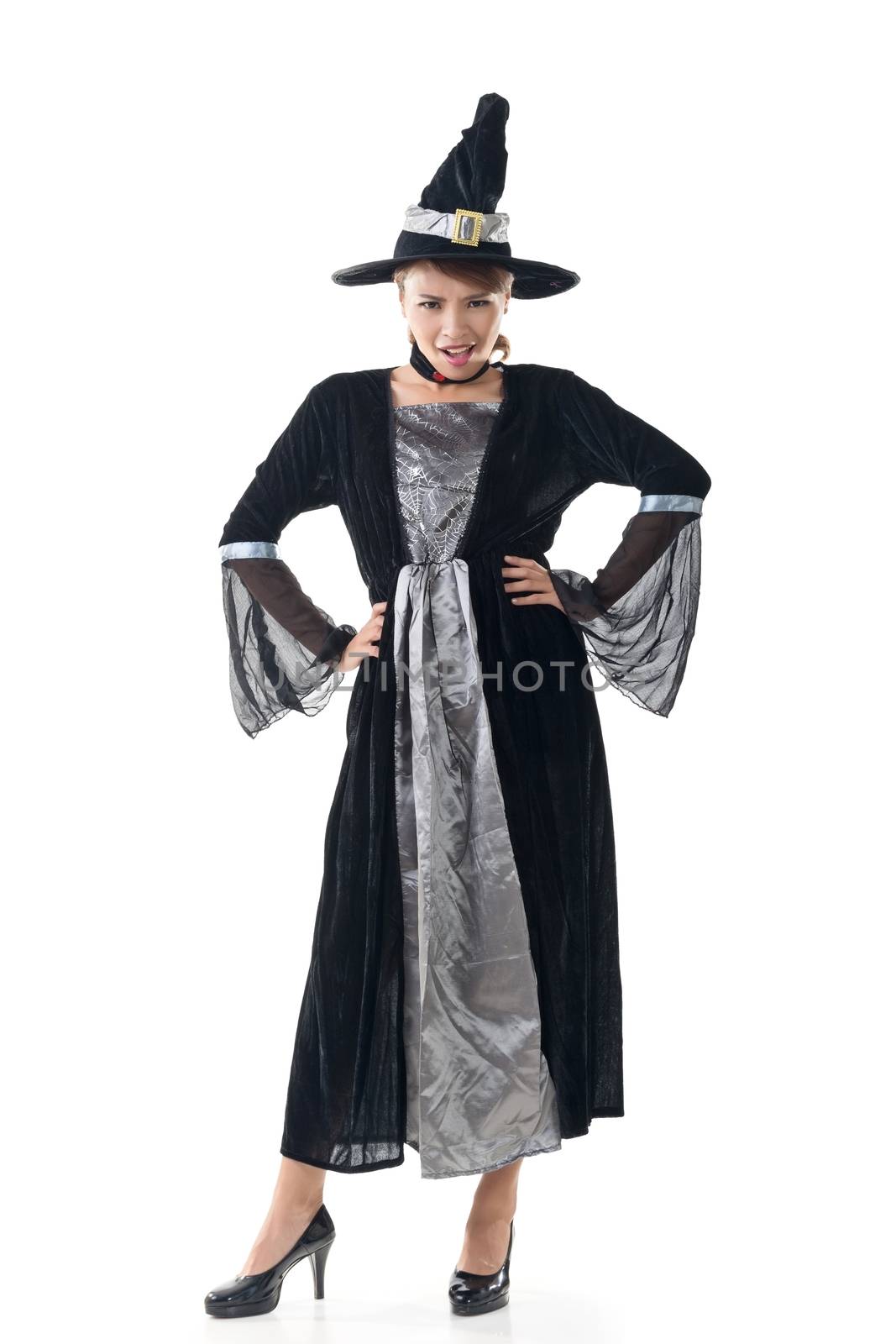 Asian witch woman, full length portrait isolated on white.