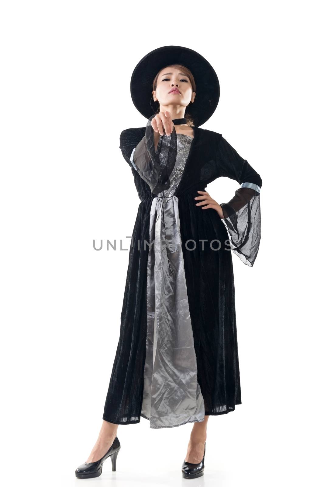 Asian witch woman, full length portrait isolated on white.