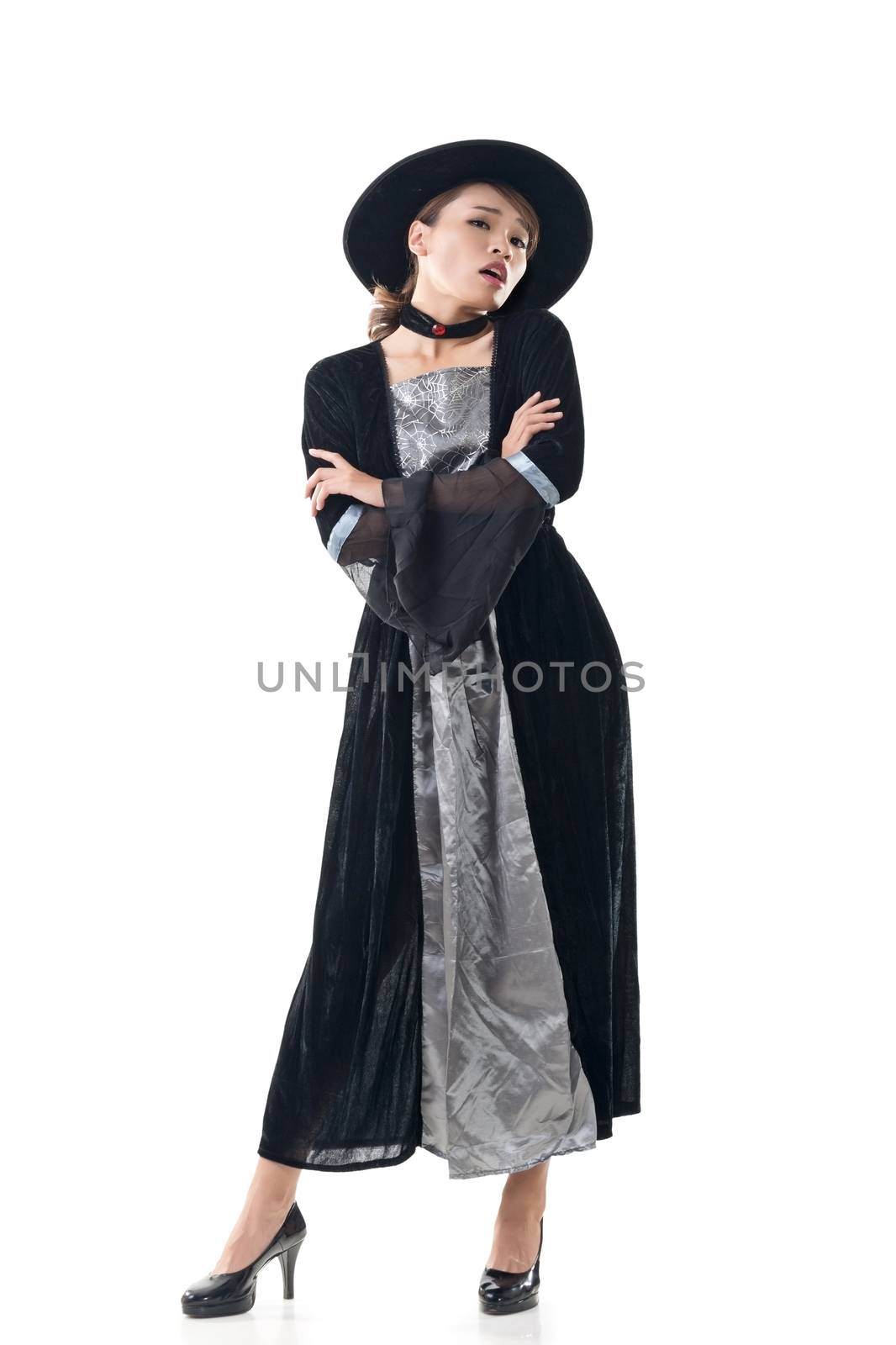 Asian witch woman, full length portrait isolated on white.