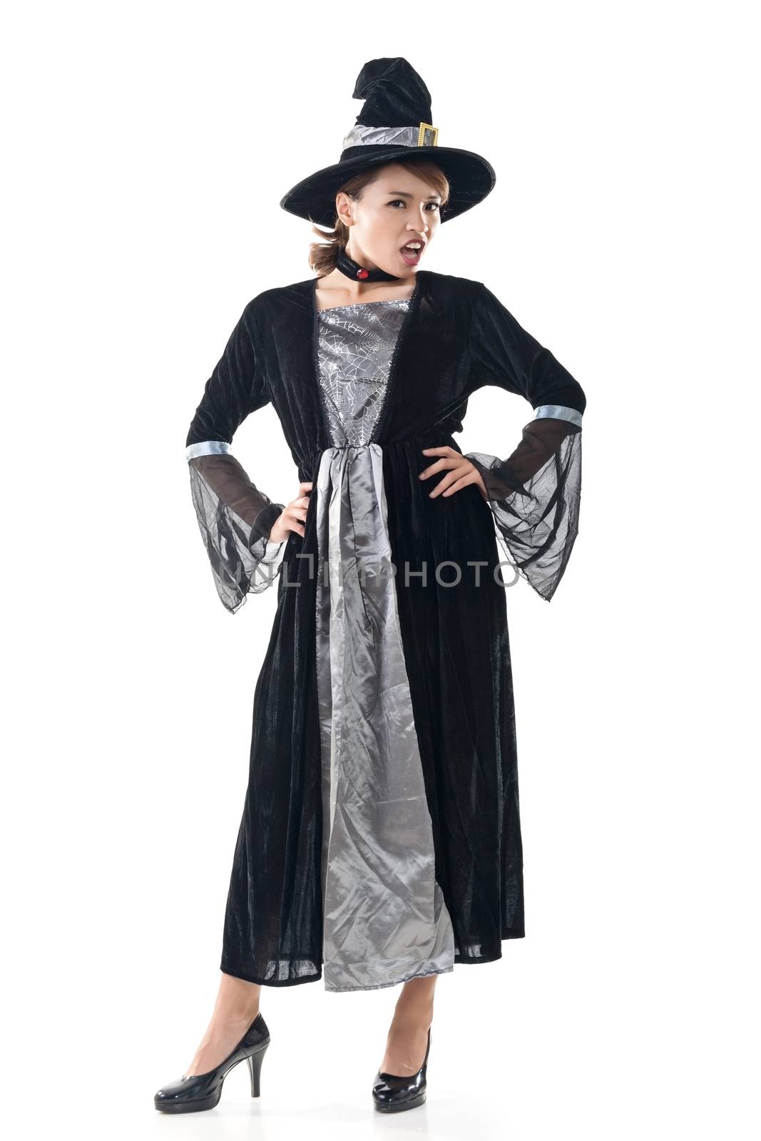 Asian witch woman, full length portrait isolated on white.
