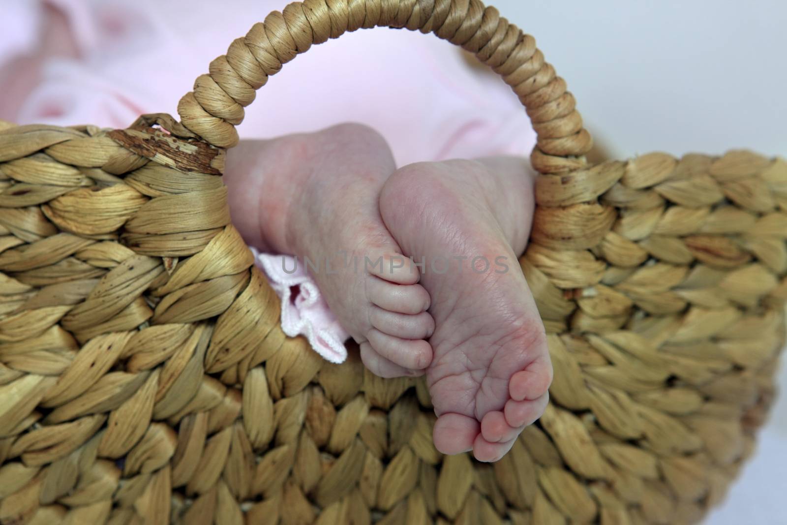 Closeup of newborn baby in basket