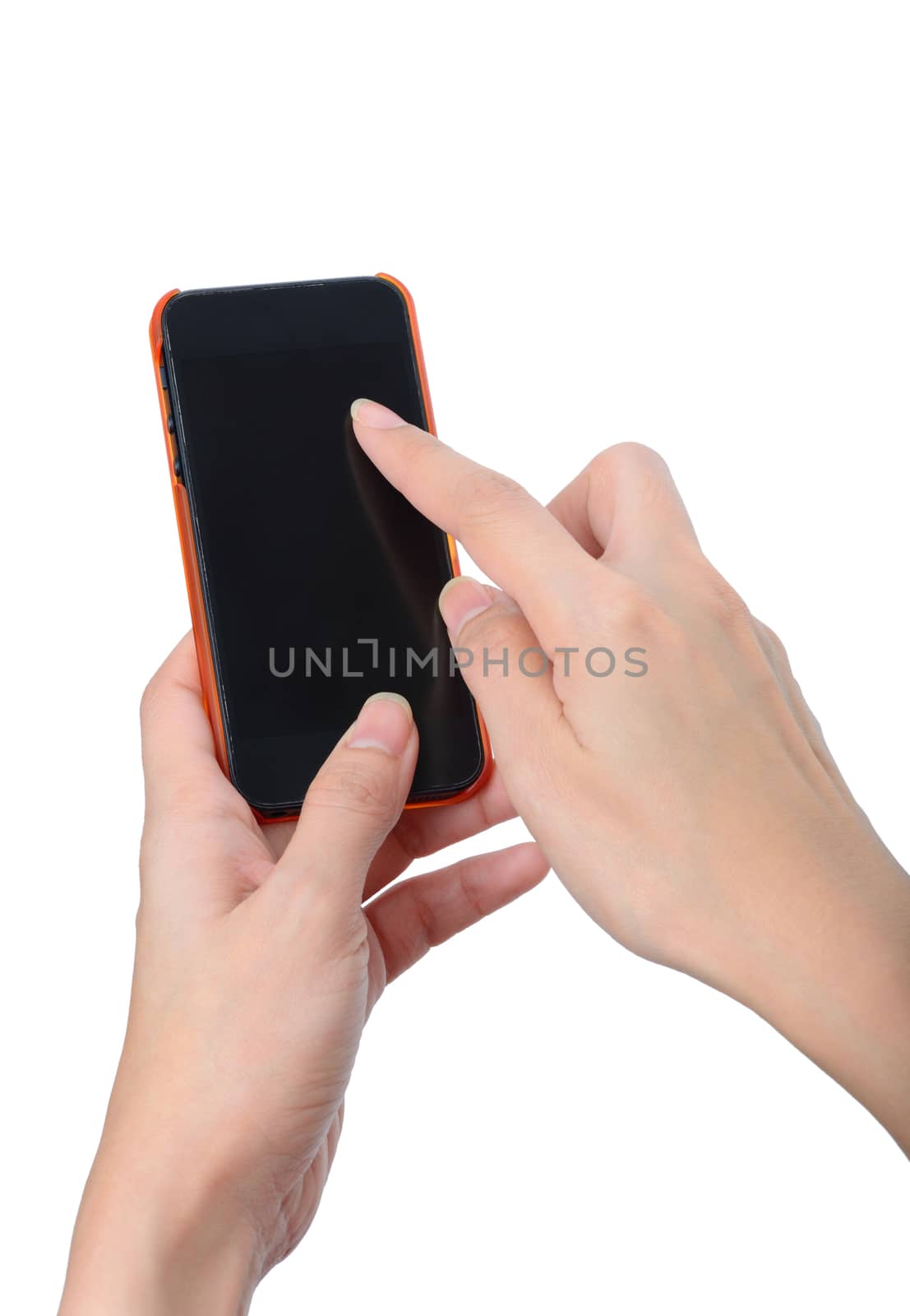 woman hands touching smartphone isolated on white background, closeup