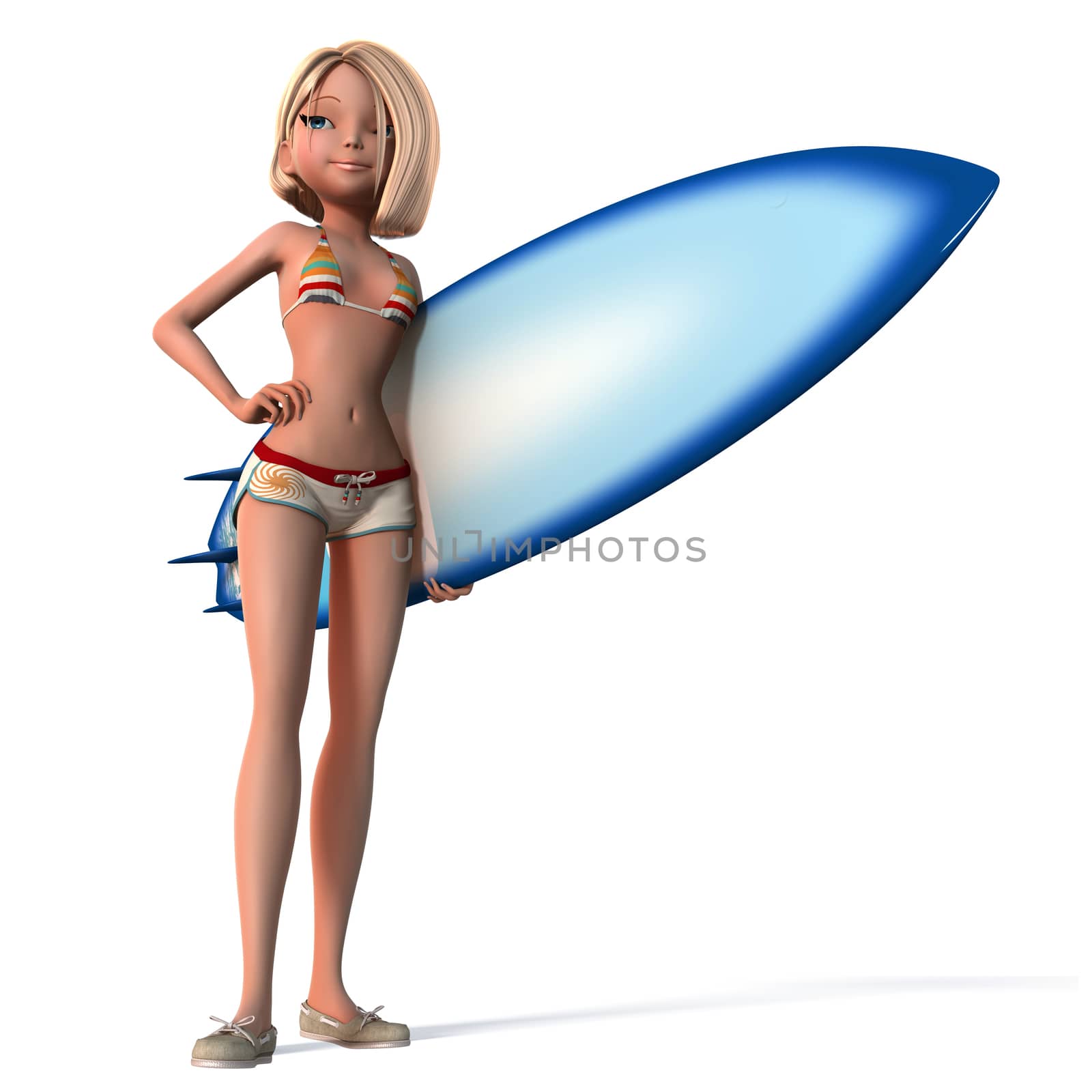 A young girl in a bathing suit with a board for windsurfing