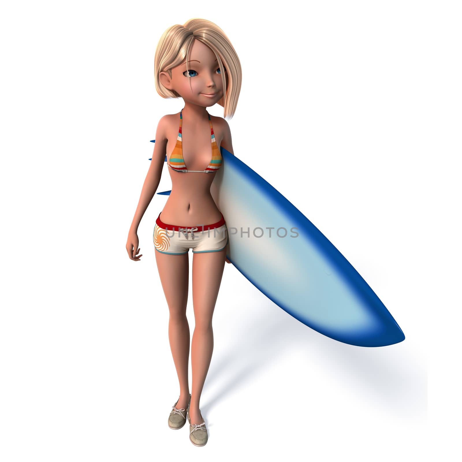 A young girl in a bathing suit with a board for windsurfing