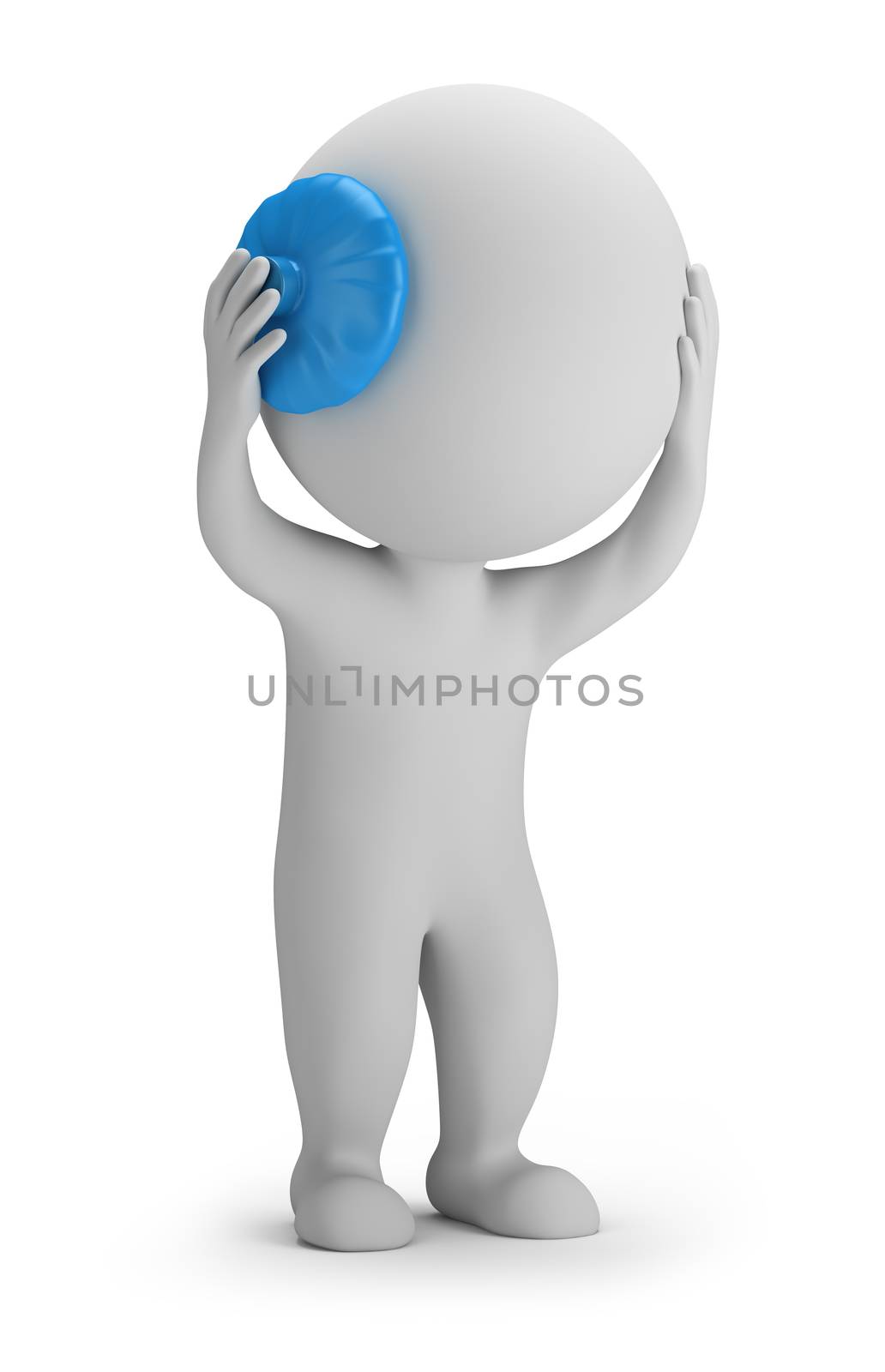 3d small person holding his head on the ice pack. 3d image. White background.