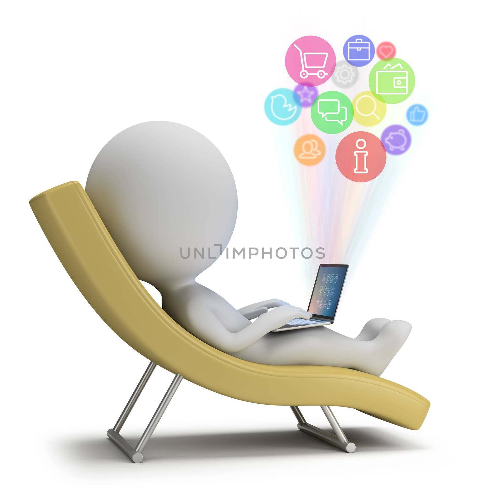 3d small person lies with a laptop on a chaise lounge. Internet services. 3d image. White background.