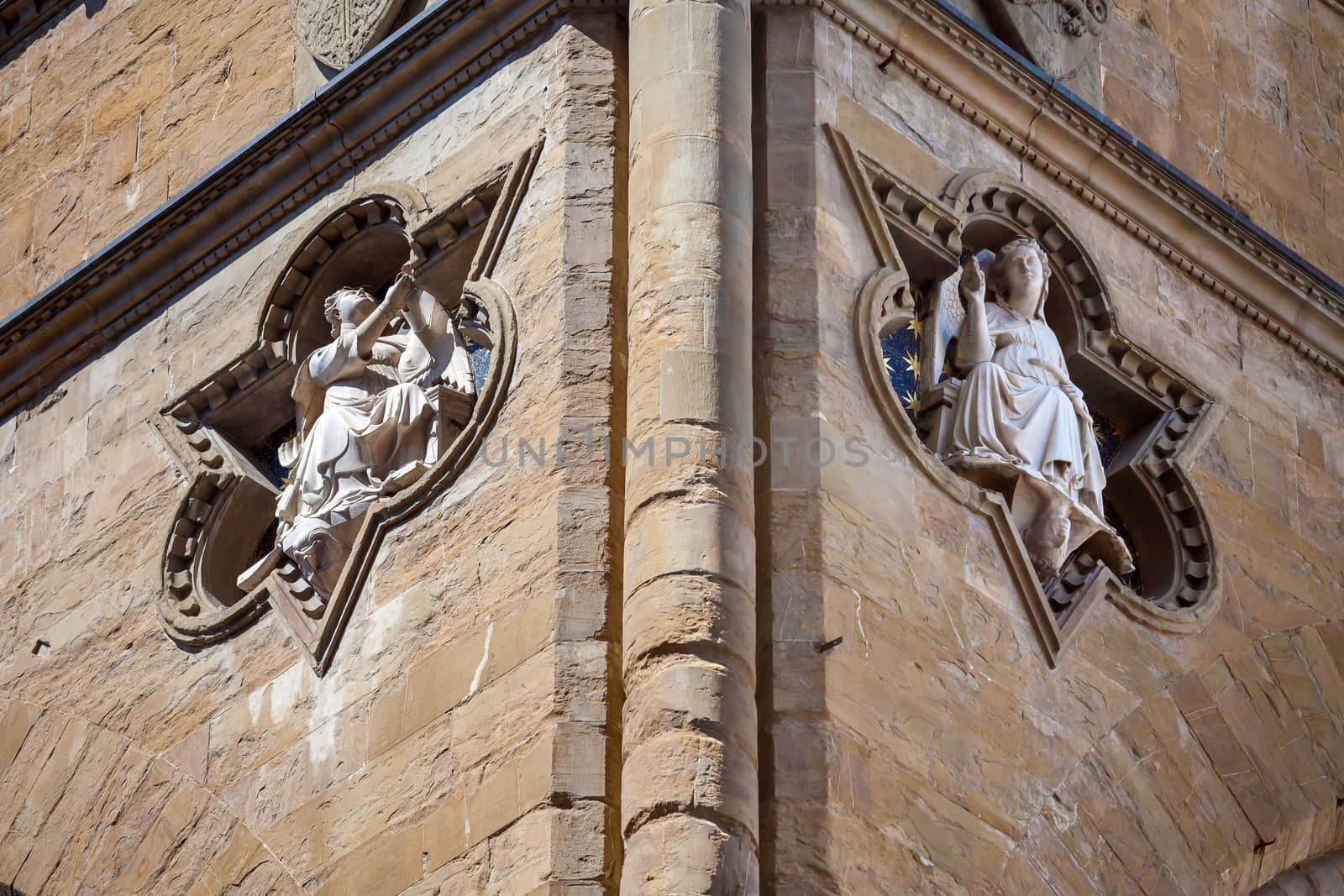 Pisa, Italy - August 10, 2013: Sculptures architectural detail of Loggia de Lanzi, Piazza della Signoria, Florence, Italy