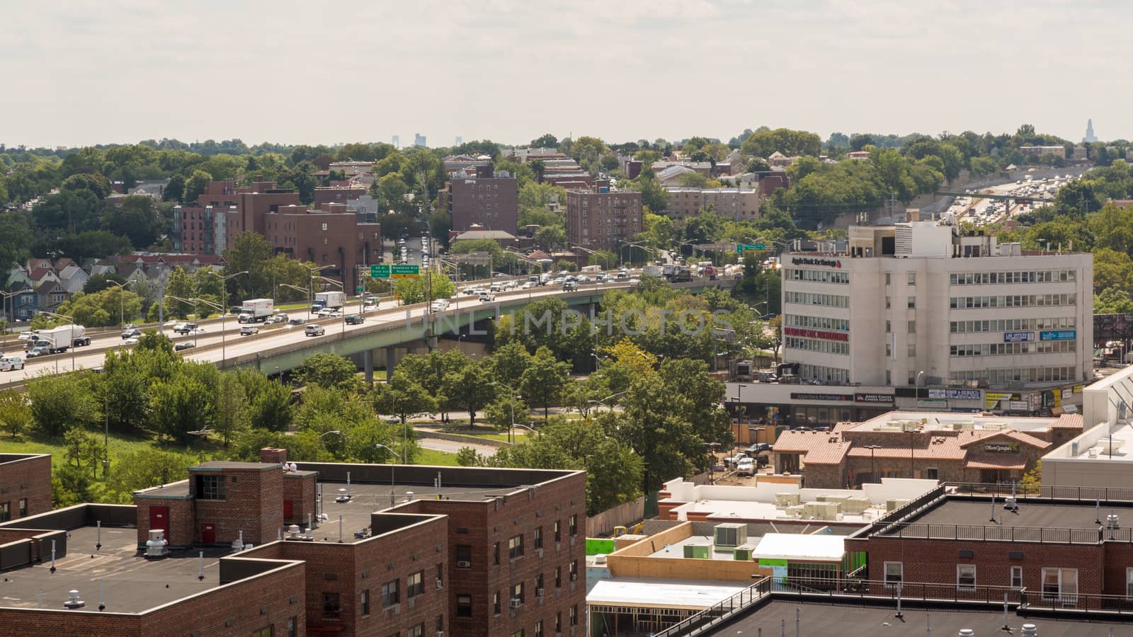 Aerial view of the buildings and highways of Rego Park area in Queens, New York