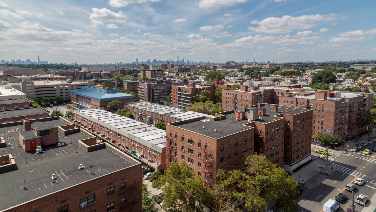 Aerial view of the buildings and streets of Rego Park area in Queens, New York