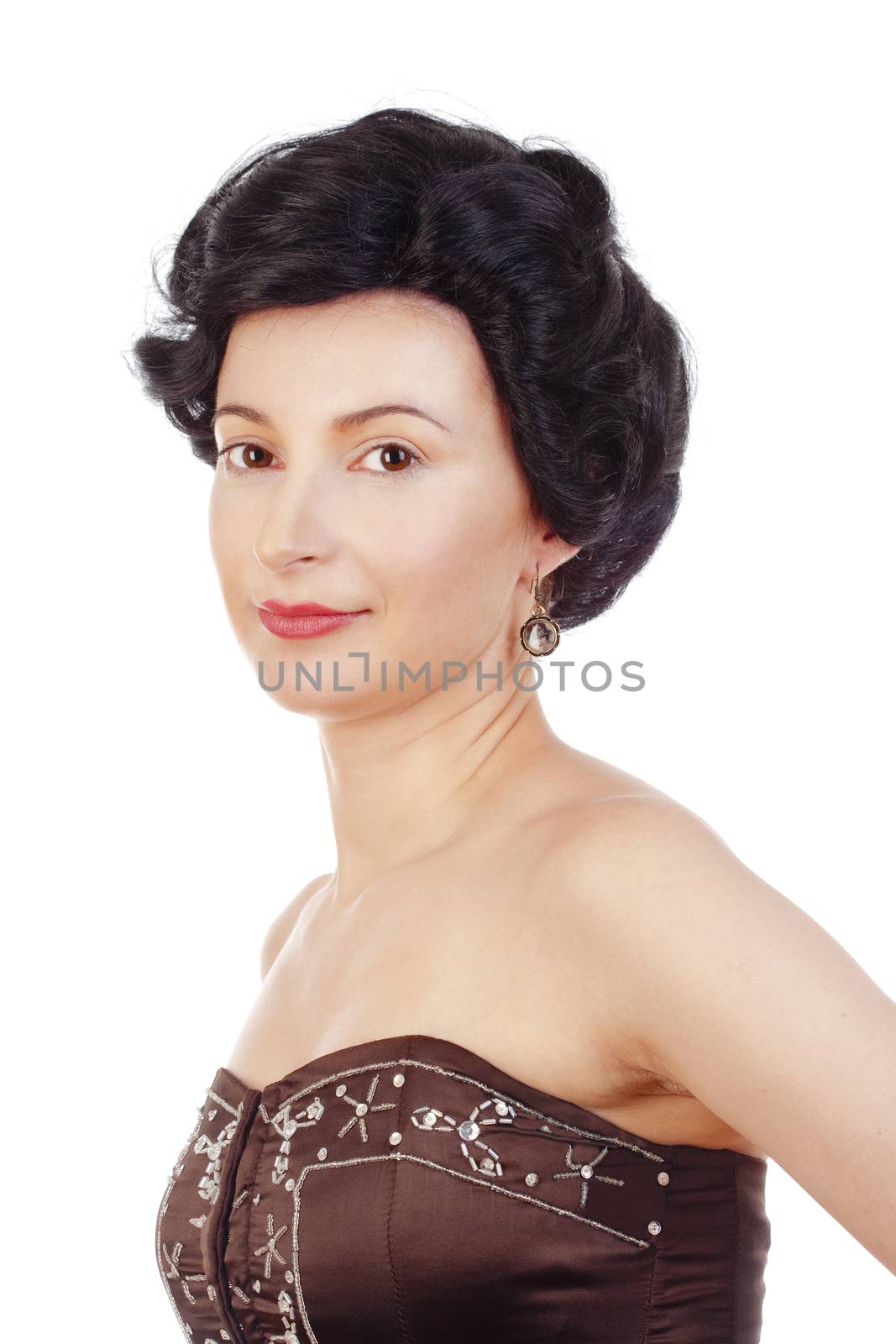 Portrait of a Young Woman in Wig and Corset - Isolated on White