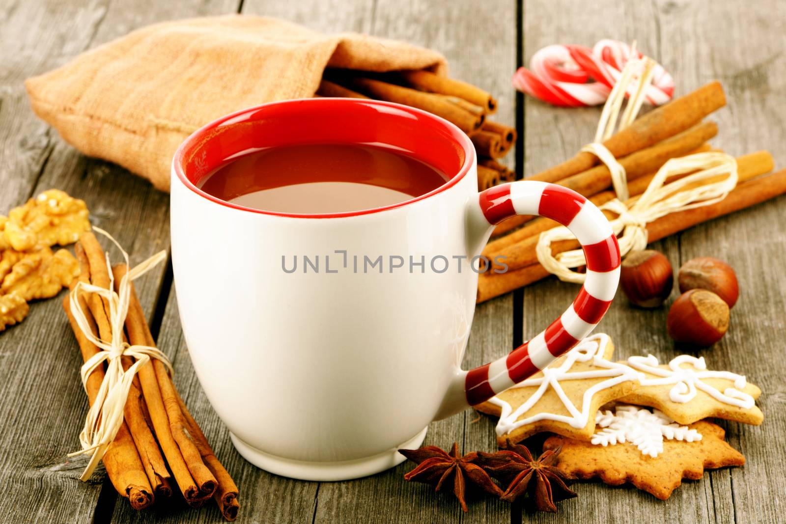 Mug of hot chocolate on wooden table