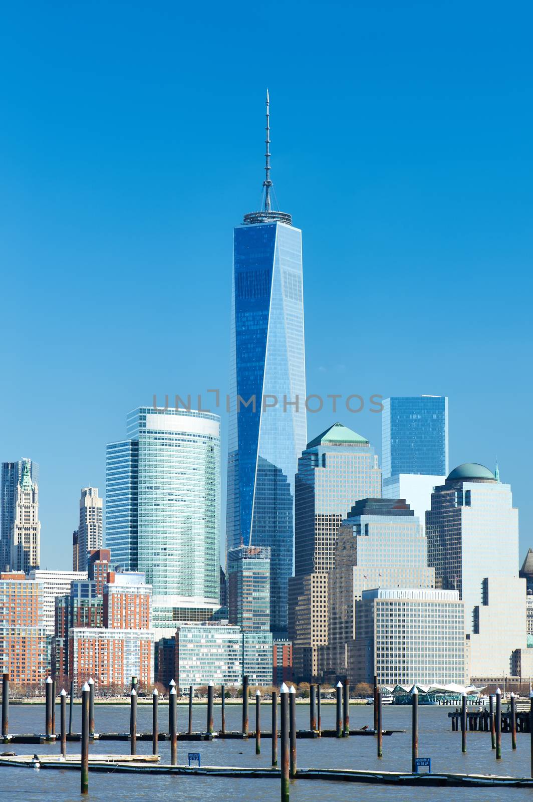 New York City Manhattan skyline with One World Trade Center Tower (AKA Freedom Tower) over Hudson River viewed from New Jersey