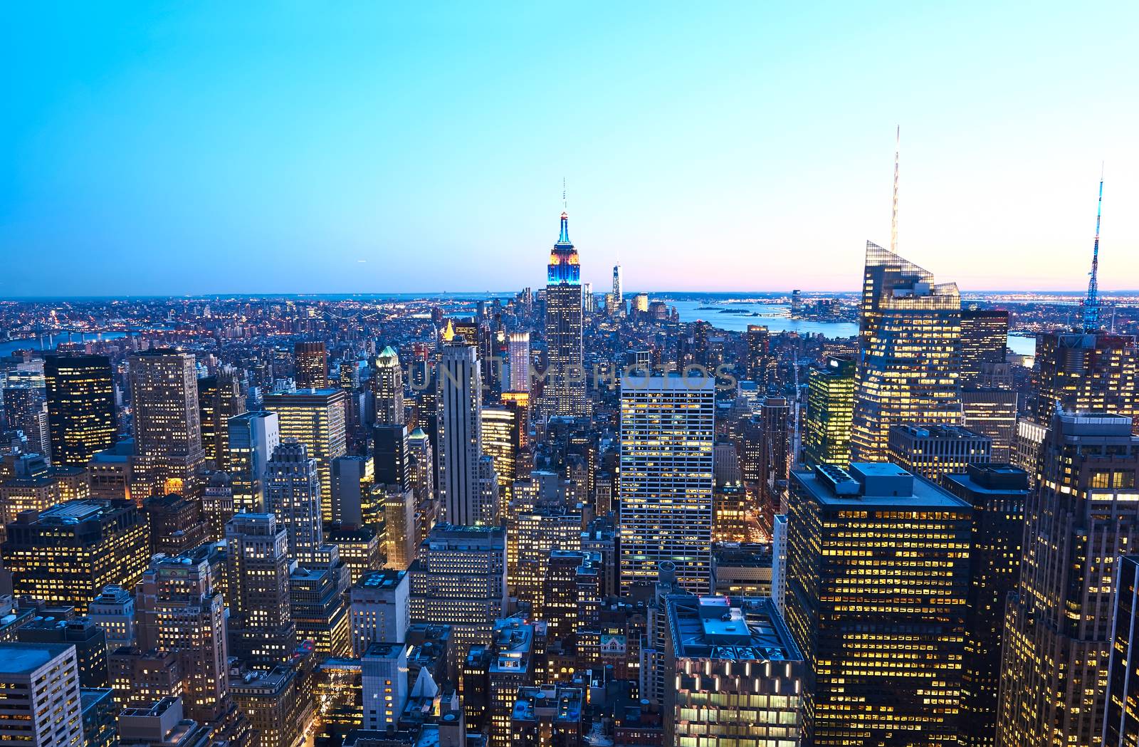 Cityscape view of Manhattan with Empire State Building, New York City, USA at night